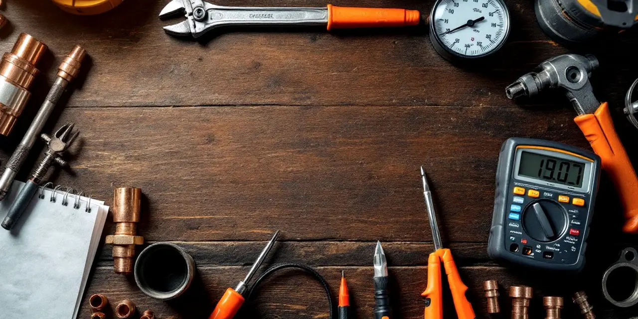 Pipe wrench, gauges, copper fittings and screwdrivers laid out on a dark workbench