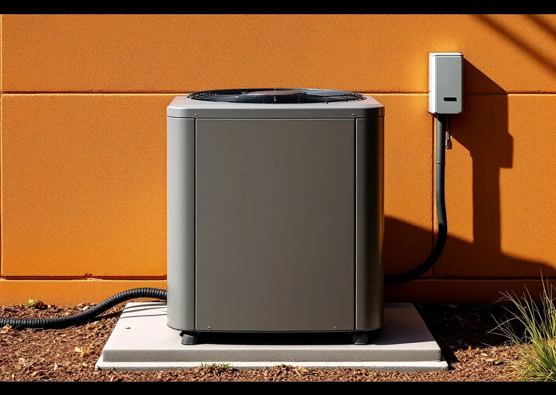 A charcoal outdoor condenser unit on a concrete pad against a sun-baked orange wall