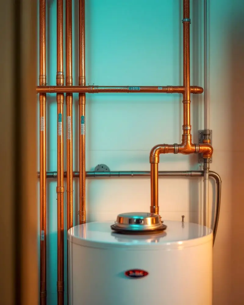 Neat copper pipework above a white water heater tank
