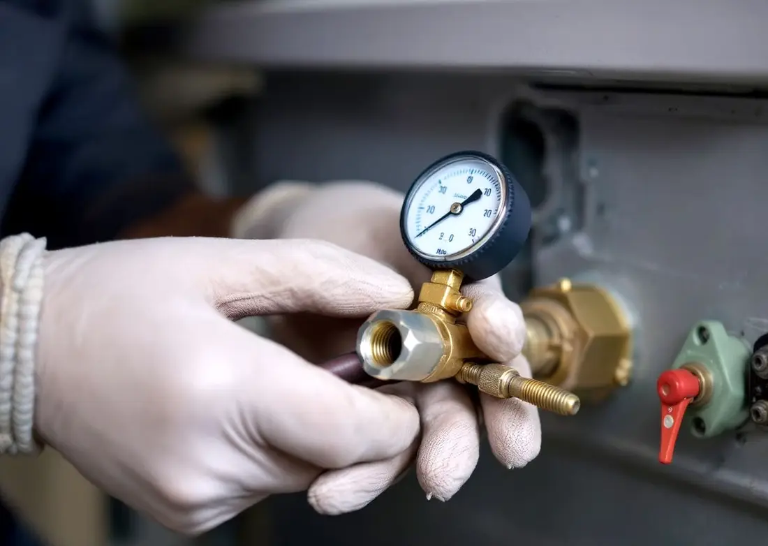 Gloved hands connecting a brass gauge fitting to an air conditioner service valve