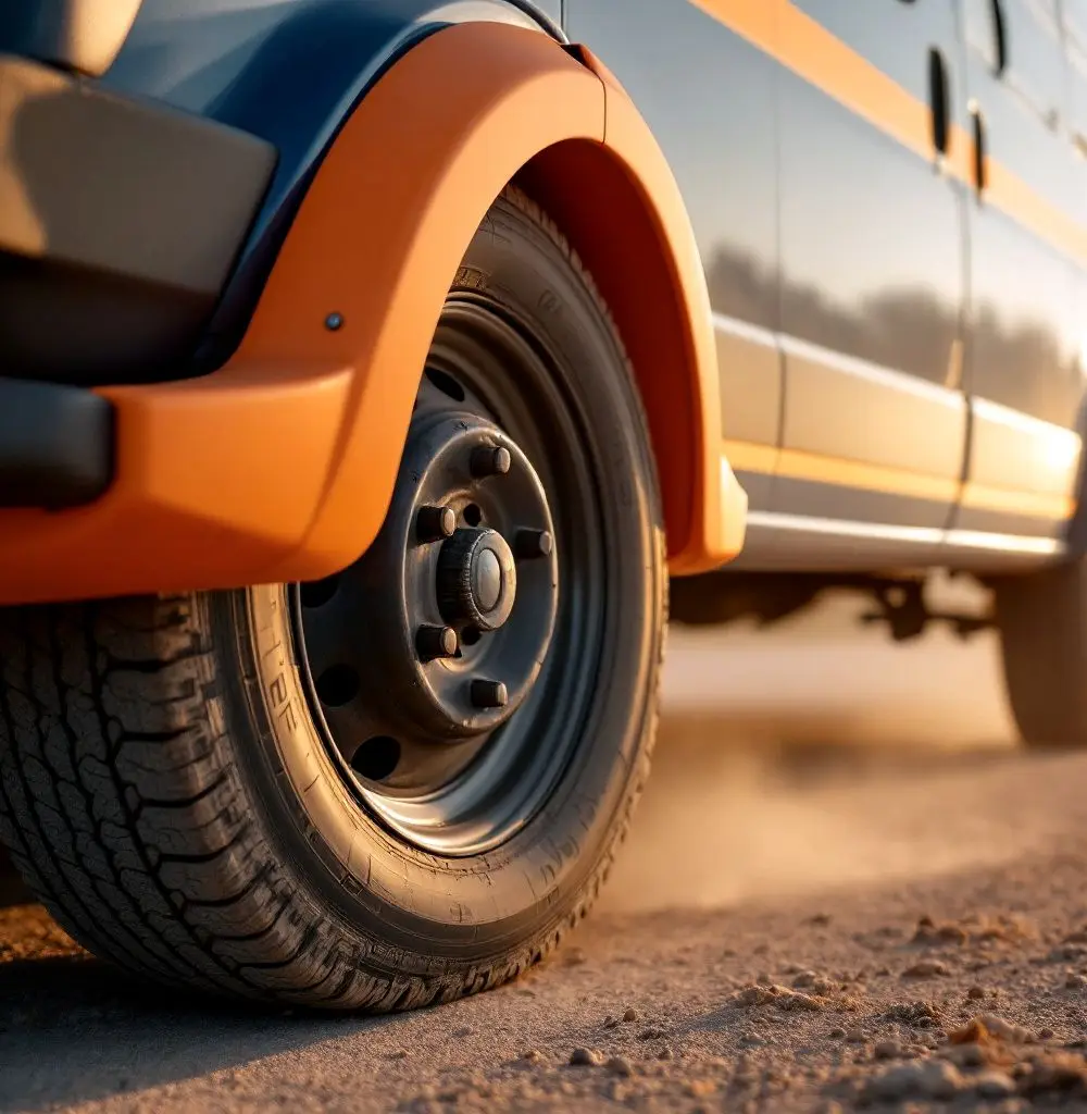 Close detail of a navy service van with an orange fender and stripe, front wheel kicking up Texas dust at golden hour
