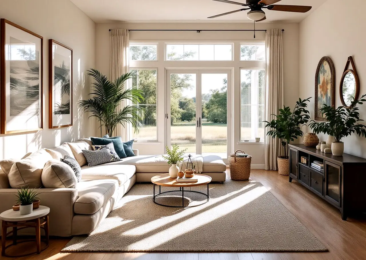A bright, cool Texas living room with a linen sofa and a ceiling fan, afternoon sun through tall windows