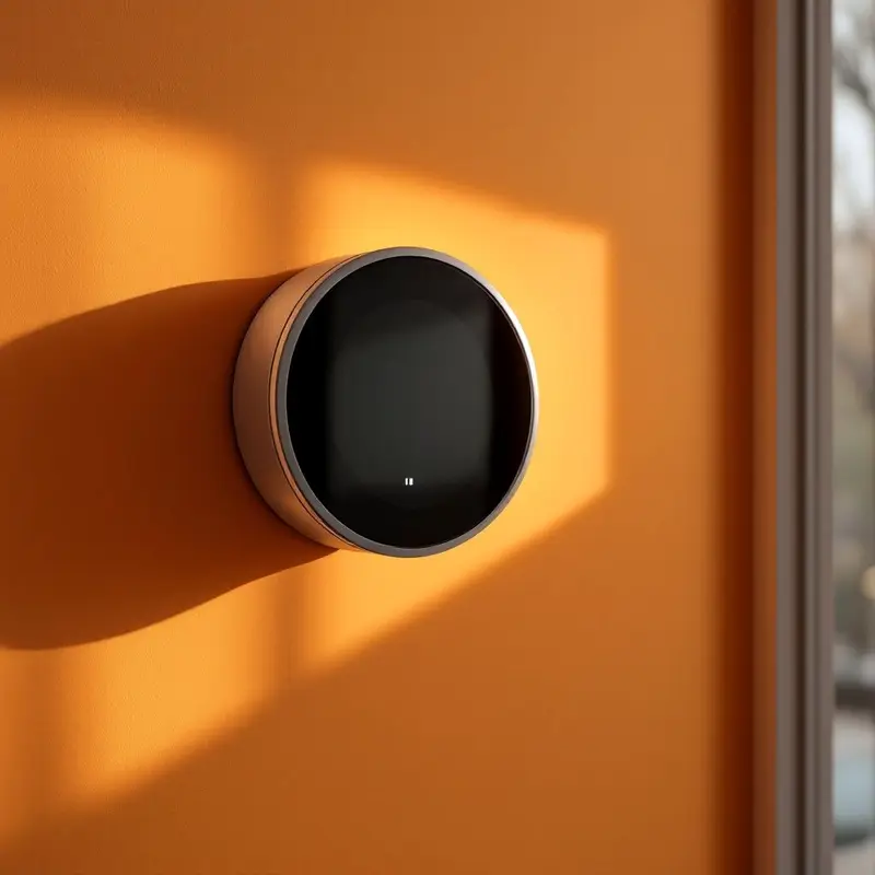 A round thermostat with a blank dark face mounted on a sun-lit orange wall